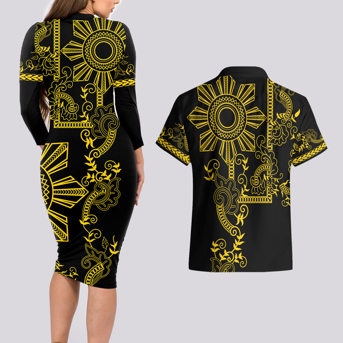 Filipino Sun Tribal Tattoo Couples Matching Long Sleeve Bodycon Dress and Hawaiian Shirt Philippines Inspired Barong Simple Gold LT9 - Polynesian Pride