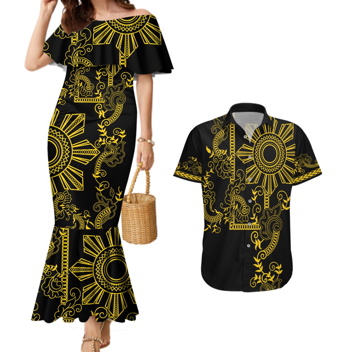 Filipino Sun Tribal Tattoo Couples Matching Mermaid Dress and Hawaiian Shirt Philippines Inspired Barong Simple Gold LT9 Gold - Polynesian Pride