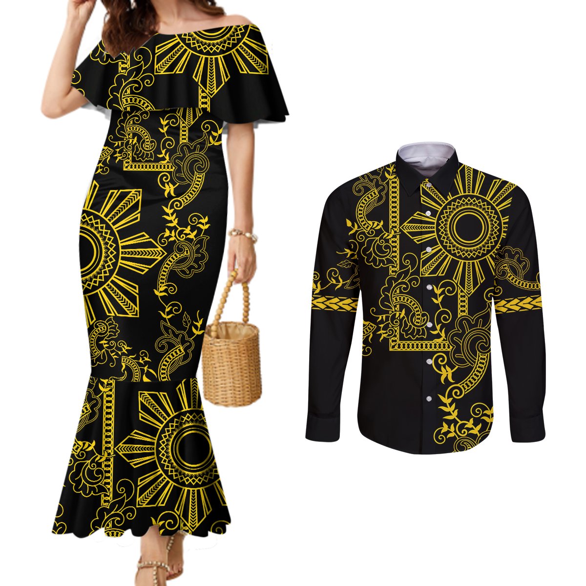 Filipino Sun Tribal Tattoo Couples Matching Mermaid Dress and Long Sleeve Button Shirt Philippines Inspired Barong Simple Gold