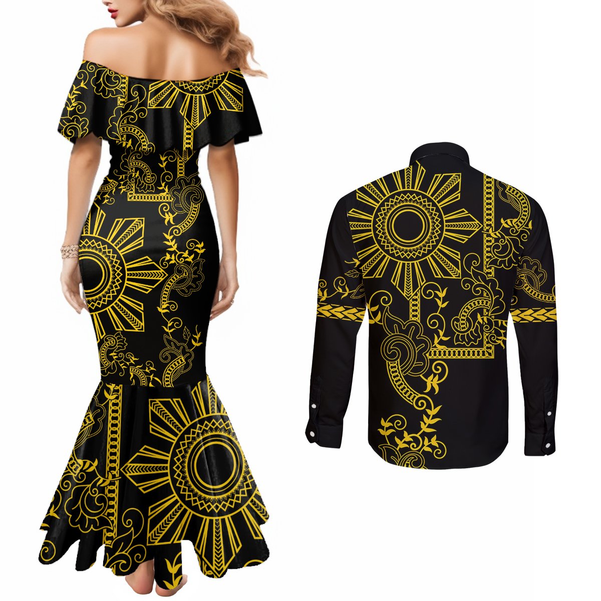 Filipino Sun Tribal Tattoo Couples Matching Mermaid Dress and Long Sleeve Button Shirt Philippines Inspired Barong Simple Gold LT9 - Polynesian Pride