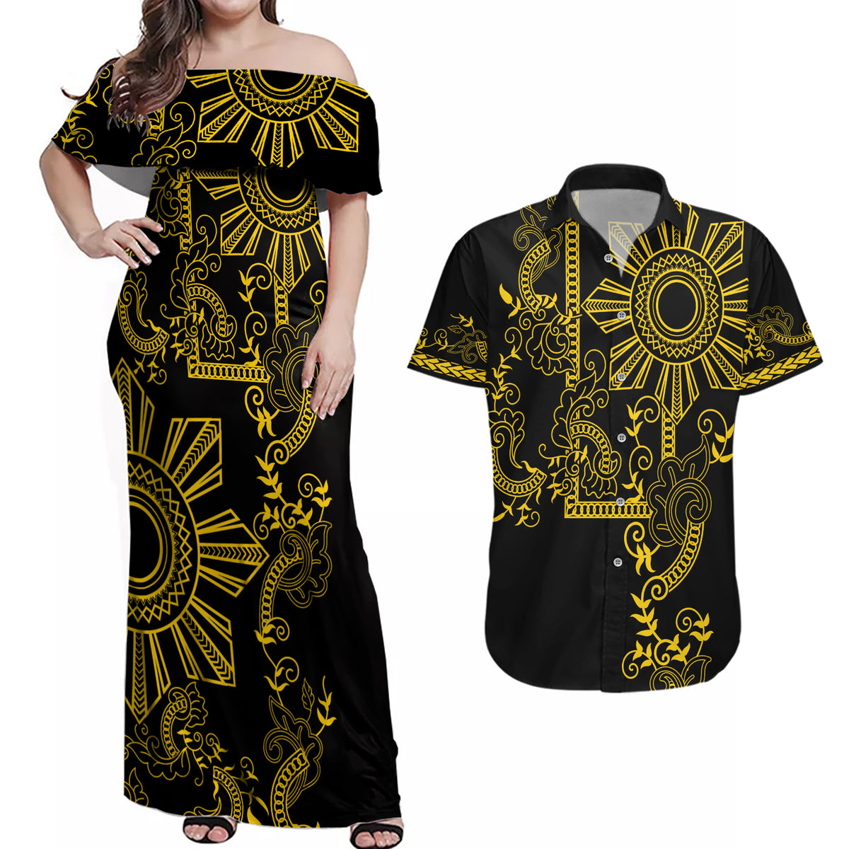 Filipino Sun Tribal Tattoo Couples Matching Off Shoulder Maxi Dress and Hawaiian Shirt Philippines Inspired Barong Simple Gold LT9 Gold - Polynesian Pride
