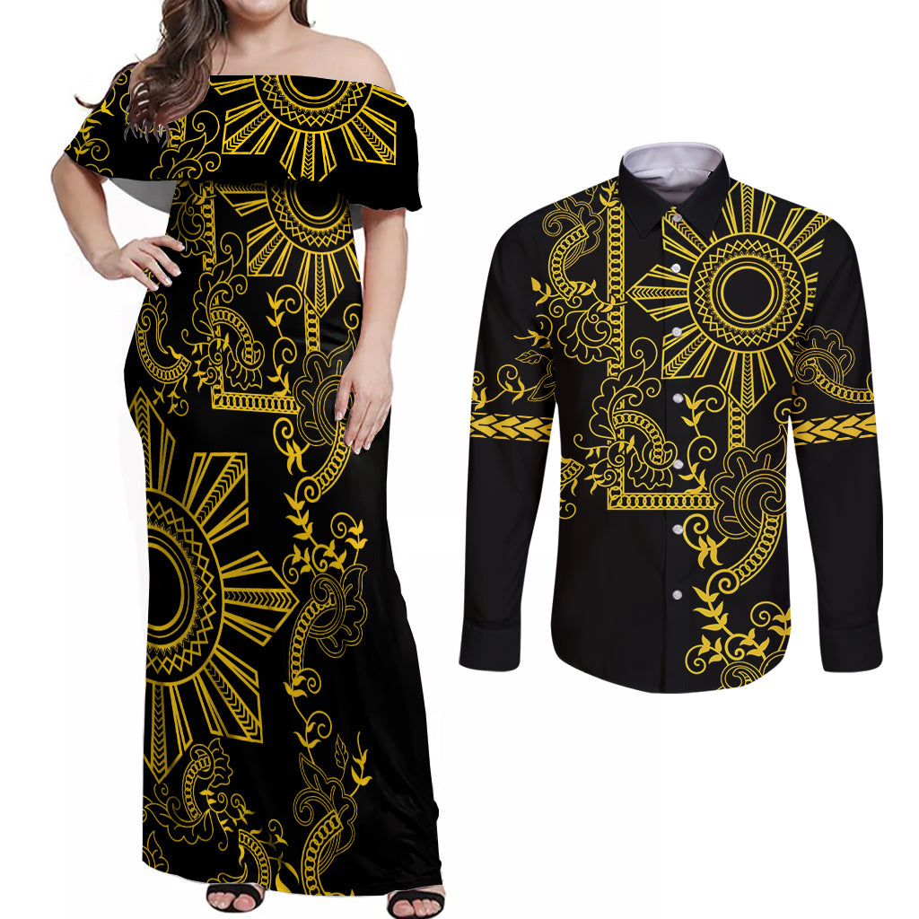 Filipino Sun Tribal Tattoo Couples Matching Off Shoulder Maxi Dress and Long Sleeve Button Shirt Philippines Inspired Barong Simple Gold LT9 Gold - Polynesian Pride