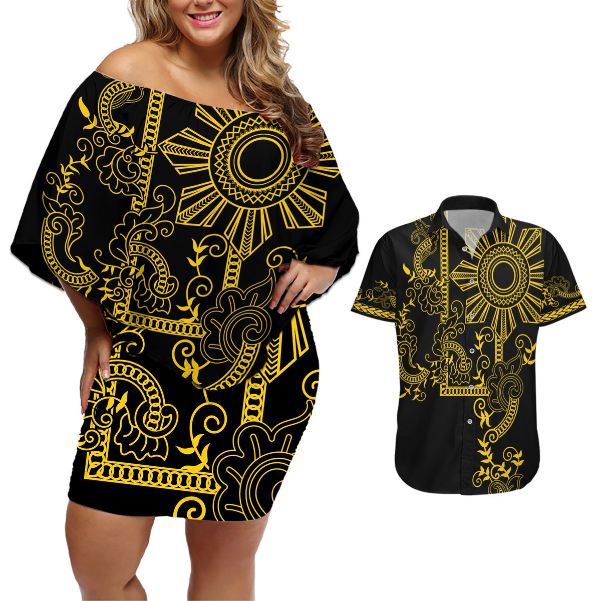 Filipino Sun Tribal Tattoo Couples Matching Off Shoulder Short Dress and Hawaiian Shirt Philippines Inspired Barong Simple Gold LT9 Gold - Polynesian Pride