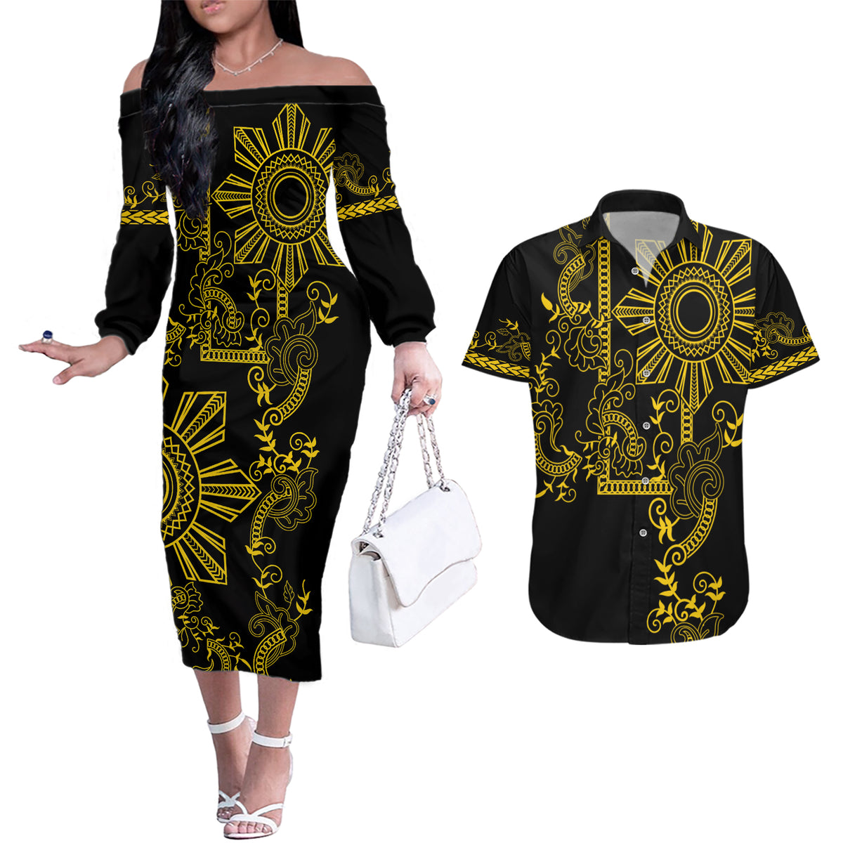 Filipino Sun Tribal Tattoo Couples Matching Off The Shoulder Long Sleeve Dress and Hawaiian Shirt Philippines Inspired Barong Simple Gold LT9 Gold - Polynesian Pride