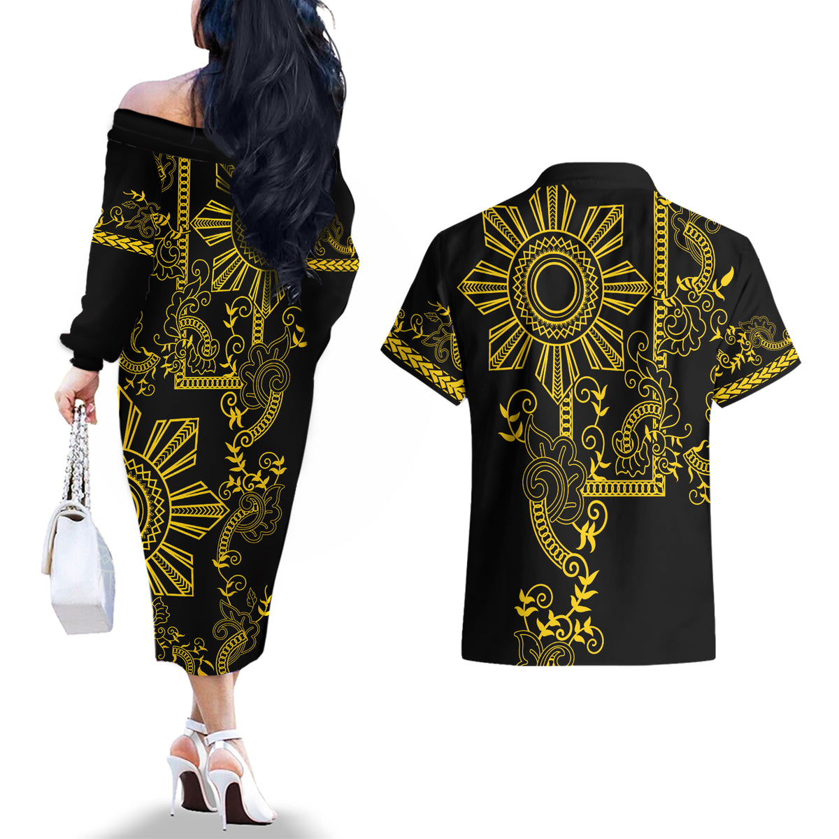 Filipino Sun Tribal Tattoo Couples Matching Off The Shoulder Long Sleeve Dress and Hawaiian Shirt Philippines Inspired Barong Simple Gold LT9 - Polynesian Pride