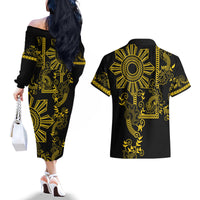 Filipino Sun Tribal Tattoo Couples Matching Off The Shoulder Long Sleeve Dress and Hawaiian Shirt Philippines Inspired Barong Simple Gold LT9 - Polynesian Pride