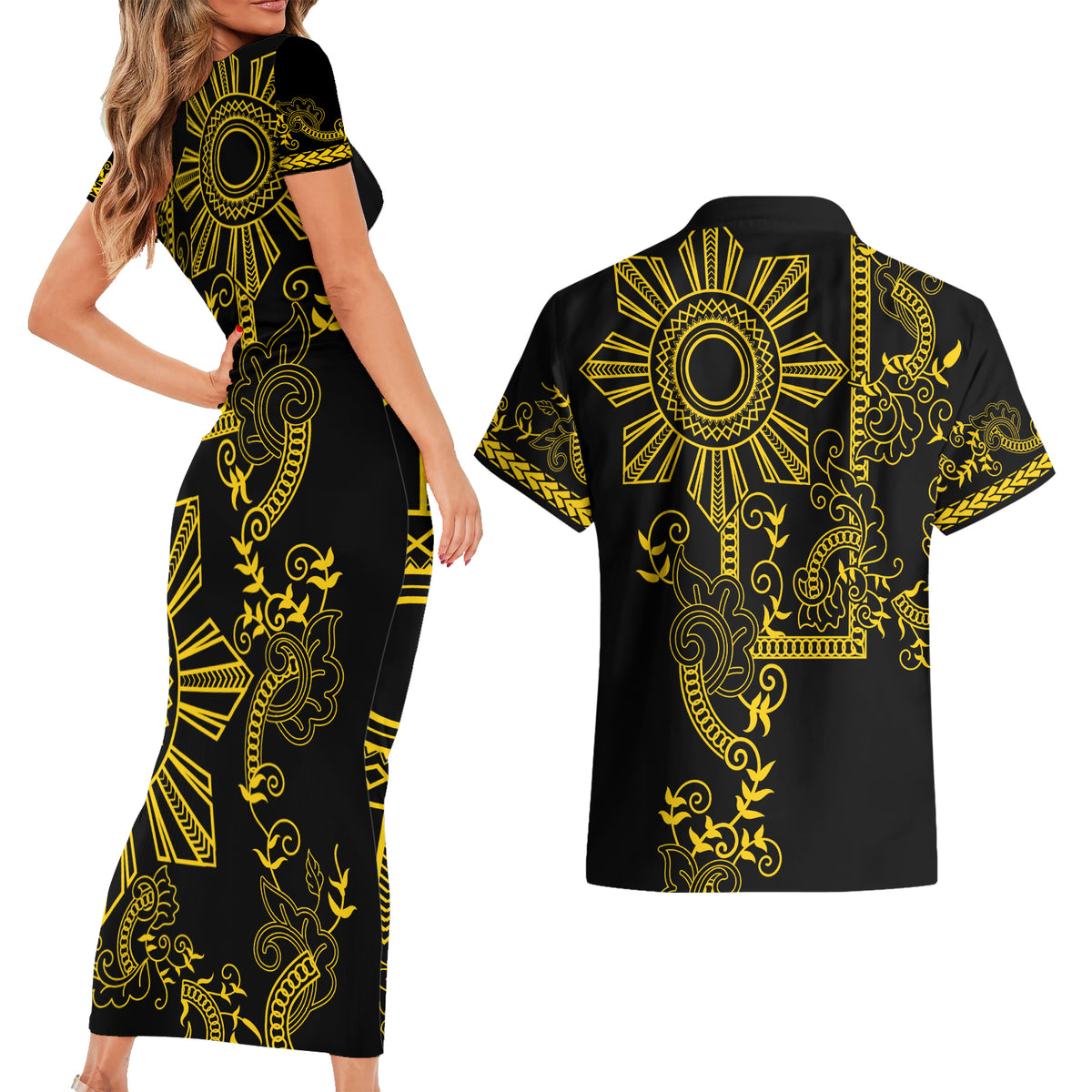 Filipino Sun Tribal Tattoo Couples Matching Short Sleeve Bodycon Dress and Hawaiian Shirt Philippines Inspired Barong Simple Gold LT9 - Polynesian Pride