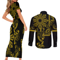 Filipino Sun Tribal Tattoo Couples Matching Short Sleeve Bodycon Dress and Long Sleeve Button Shirt Philippines Inspired Barong Simple Gold LT9 - Polynesian Pride