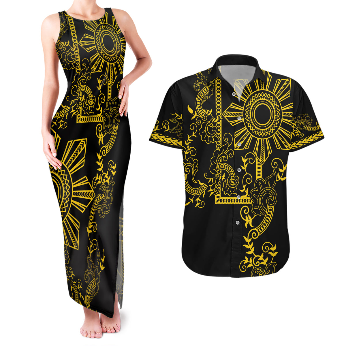 Filipino Sun Tribal Tattoo Couples Matching Tank Maxi Dress and Hawaiian Shirt Philippines Inspired Barong Simple Gold LT9 Gold - Polynesian Pride