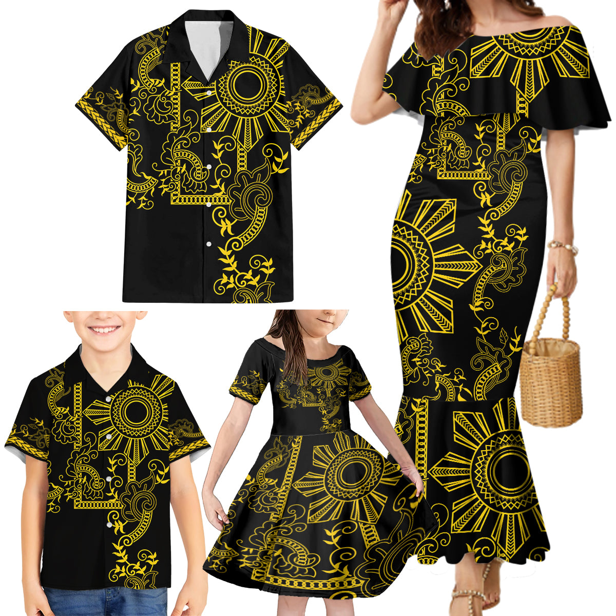 Filipino Sun Tribal Tattoo Family Matching Mermaid Dress and Hawaiian Shirt Philippines Inspired Barong Simple Gold LT9 - Polynesian Pride