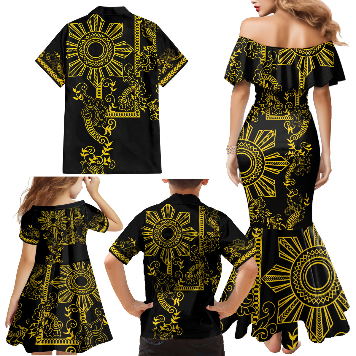 Filipino Sun Tribal Tattoo Family Matching Mermaid Dress and Hawaiian Shirt Philippines Inspired Barong Simple Gold LT9 - Polynesian Pride
