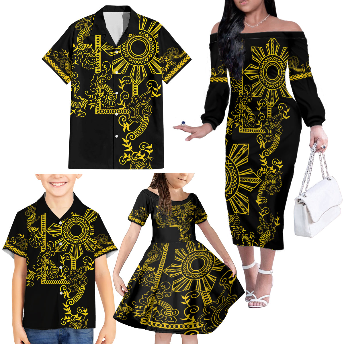 Filipino Sun Tribal Tattoo Family Matching Off The Shoulder Long Sleeve Dress and Hawaiian Shirt Philippines Inspired Barong Simple Gold LT9 - Polynesian Pride
