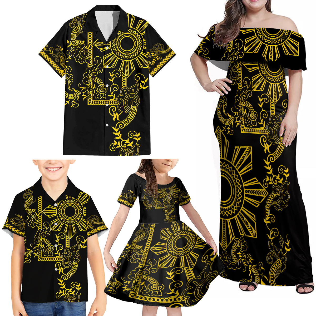 Filipino Sun Tribal Tattoo Family Matching Off Shoulder Maxi Dress and Hawaiian Shirt Philippines Inspired Barong Simple Gold LT9 - Polynesian Pride