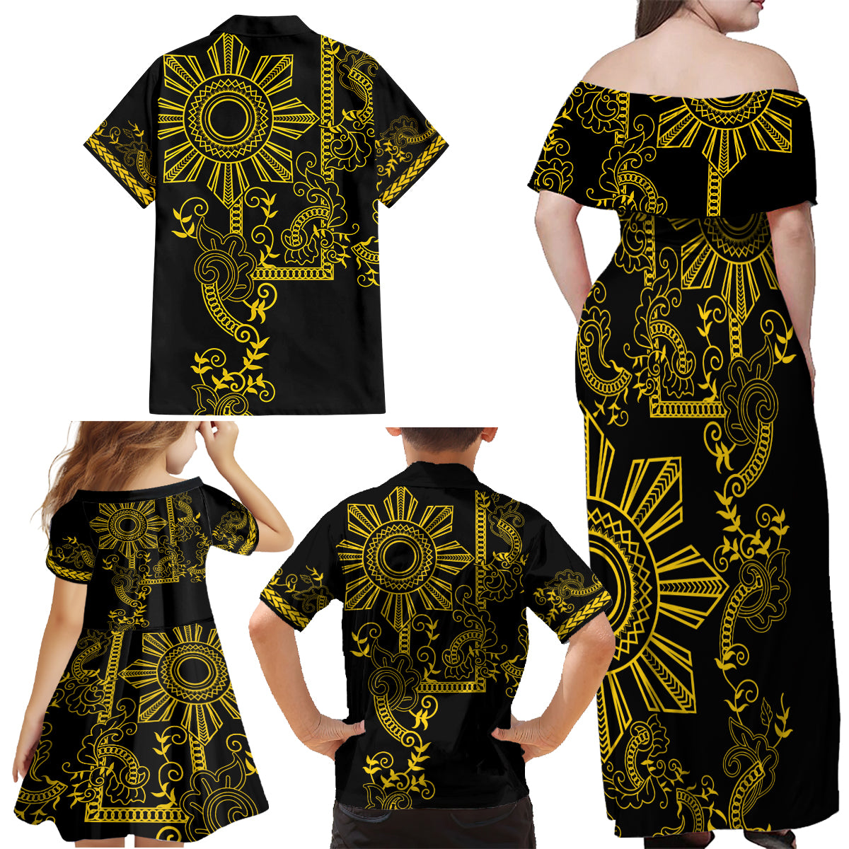 Filipino Sun Tribal Tattoo Family Matching Off Shoulder Maxi Dress and Hawaiian Shirt Philippines Inspired Barong Simple Gold LT9 - Polynesian Pride