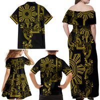 Filipino Sun Tribal Tattoo Family Matching Off Shoulder Maxi Dress and Hawaiian Shirt Philippines Inspired Barong Simple Gold LT9 - Polynesian Pride