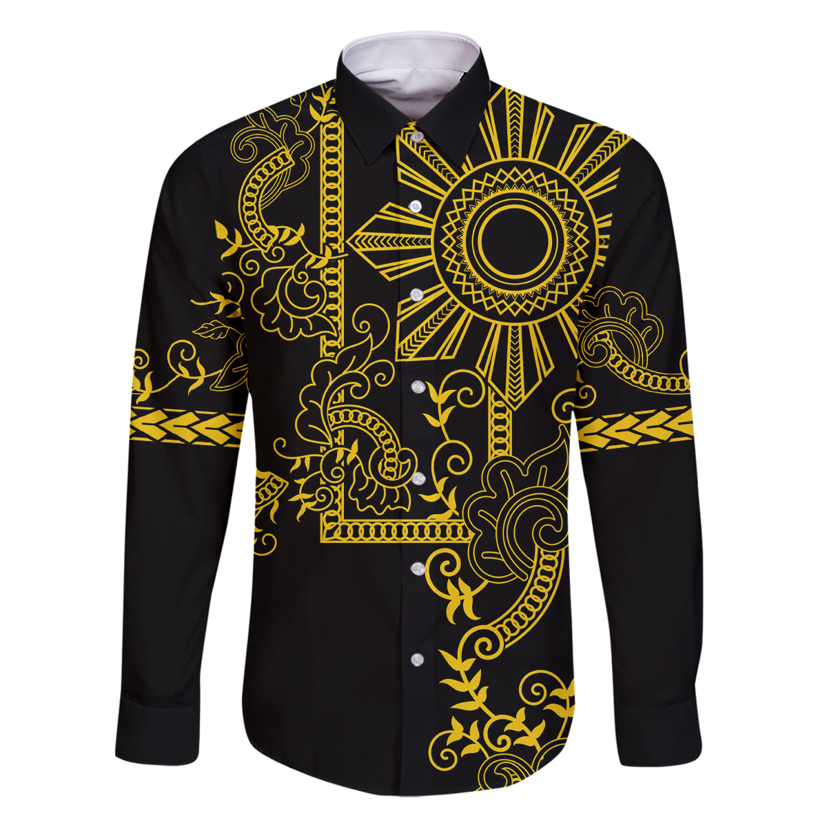 Filipino Sun Tribal Tattoo Family Matching Off Shoulder Maxi Dress and Hawaiian Shirt Philippines Inspired Barong Simple Gold LT9 Dad's Shirt - Long Sleeve Gold - Polynesian Pride