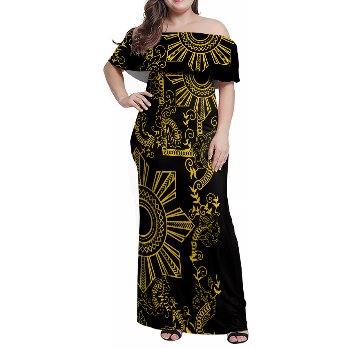 Filipino Sun Tribal Tattoo Family Matching Off Shoulder Maxi Dress and Hawaiian Shirt Philippines Inspired Barong Simple Gold LT9 Mom's Dress Gold - Polynesian Pride