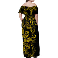 Filipino Sun Tribal Tattoo Family Matching Off Shoulder Maxi Dress and Hawaiian Shirt Philippines Inspired Barong Simple Gold LT9 - Polynesian Pride