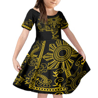 Filipino Sun Tribal Tattoo Family Matching Off Shoulder Short Dress and Hawaiian Shirt Philippines Inspired Barong Simple Gold LT9 Daughter's Dress Gold - Polynesian Pride