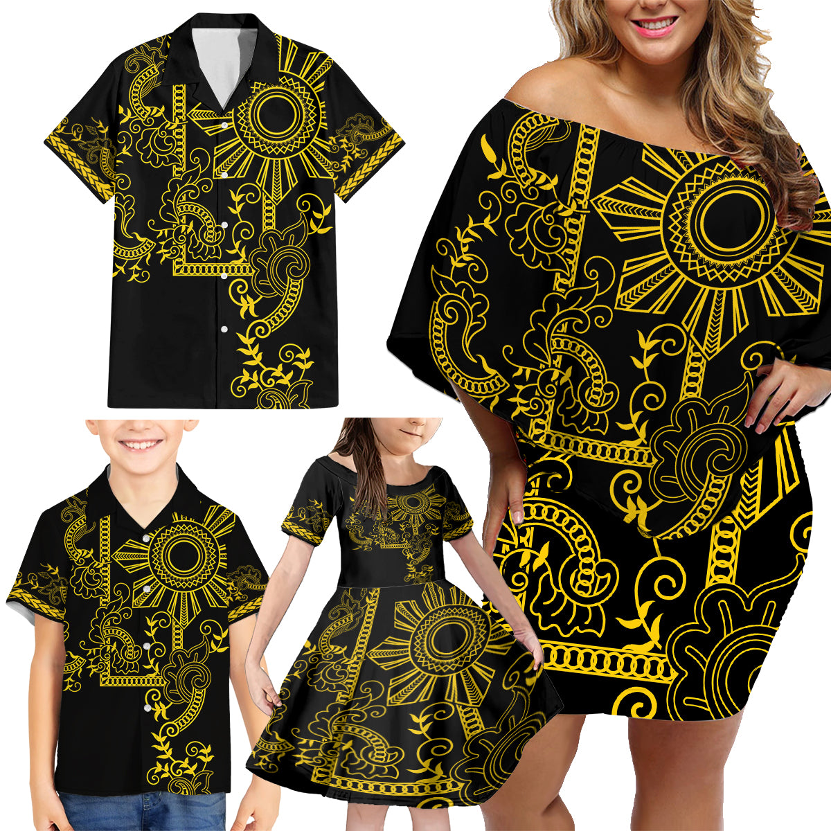 Filipino Sun Tribal Tattoo Family Matching Off Shoulder Short Dress and Hawaiian Shirt Philippines Inspired Barong Simple Gold LT9 - Polynesian Pride