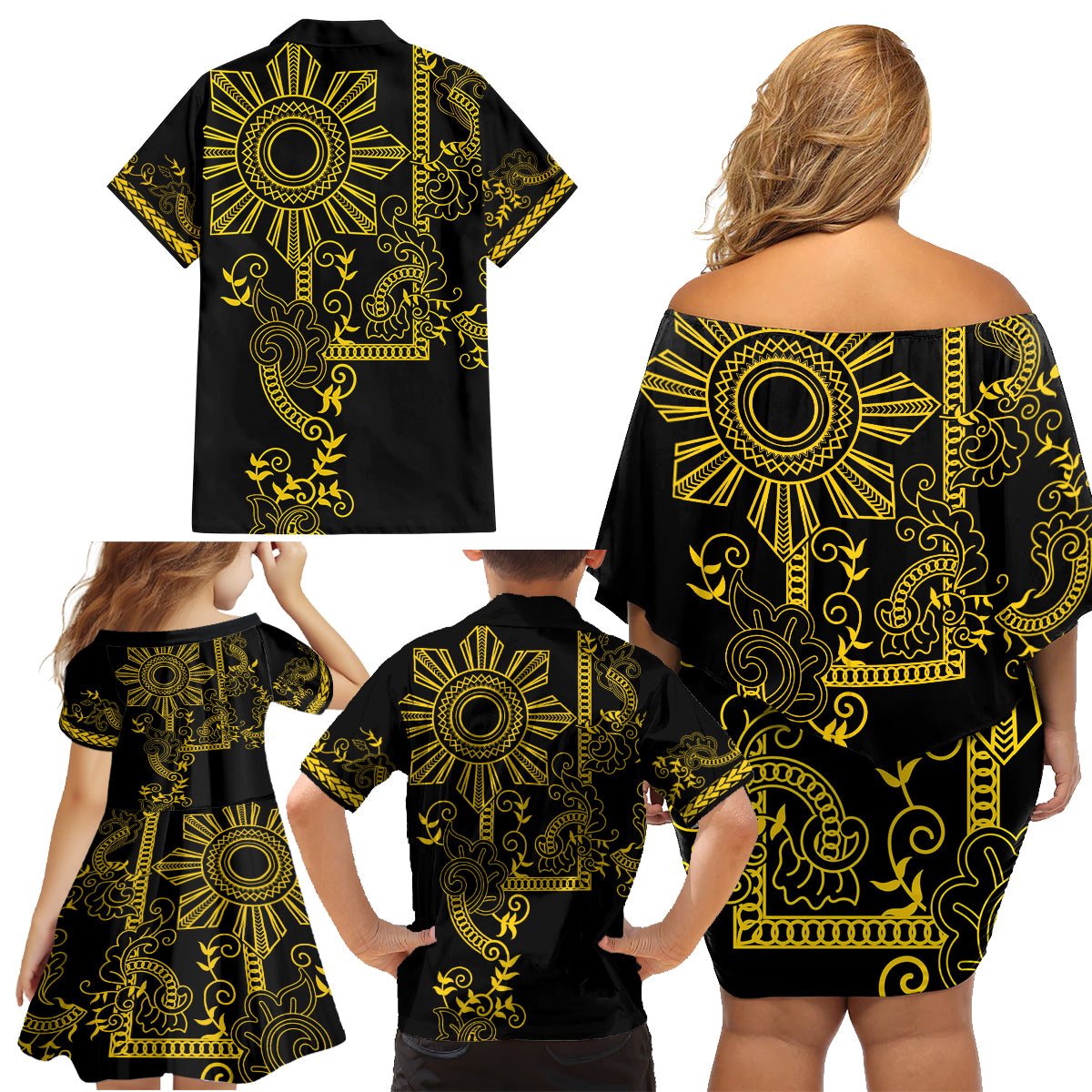 Filipino Sun Tribal Tattoo Family Matching Off Shoulder Short Dress and Hawaiian Shirt Philippines Inspired Barong Simple Gold LT9 - Polynesian Pride