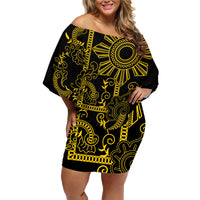 Filipino Sun Tribal Tattoo Family Matching Off Shoulder Short Dress and Hawaiian Shirt Philippines Inspired Barong Simple Gold LT9 Mom's Dress Gold - Polynesian Pride