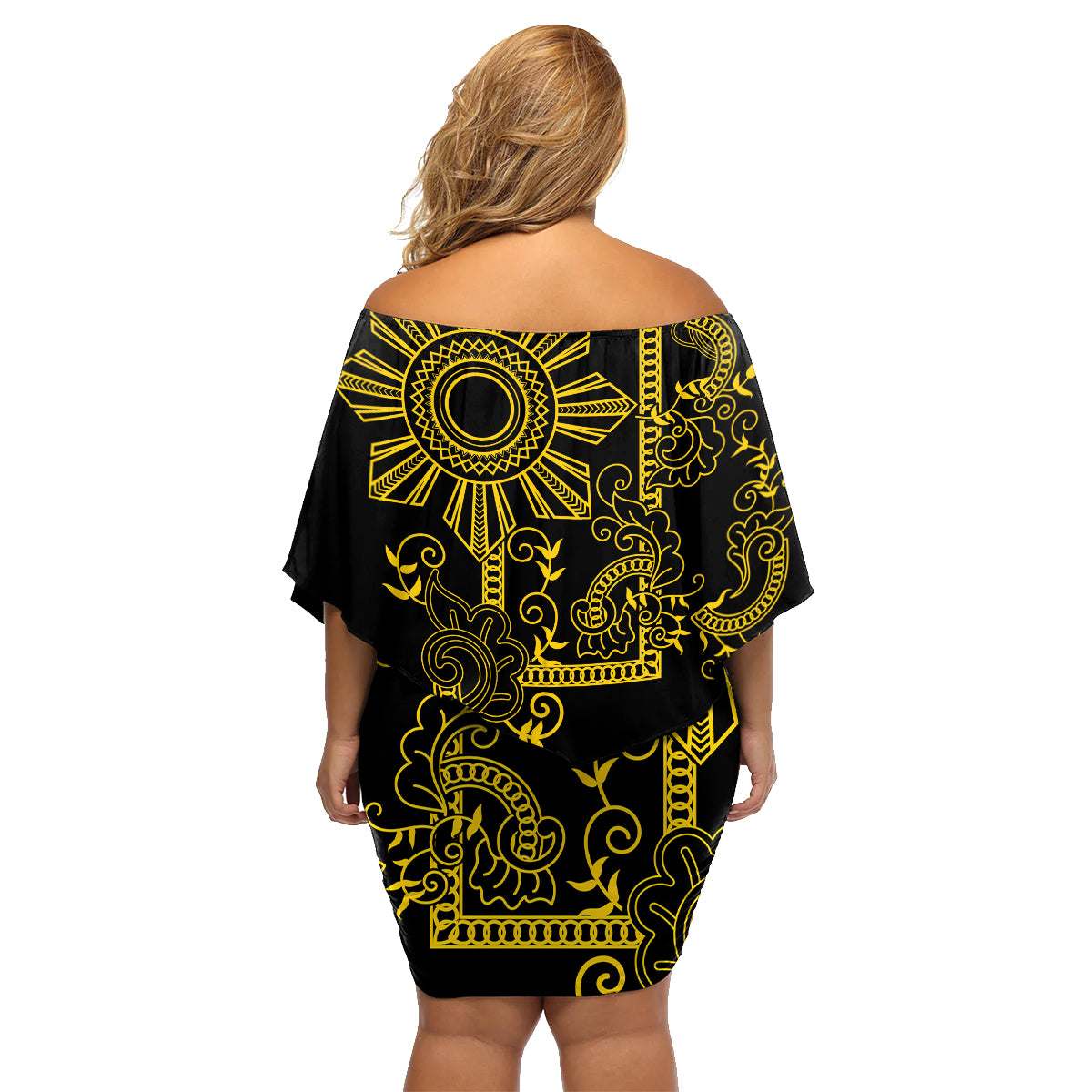 Filipino Sun Tribal Tattoo Family Matching Off Shoulder Short Dress and Hawaiian Shirt Philippines Inspired Barong Simple Gold LT9 - Polynesian Pride
