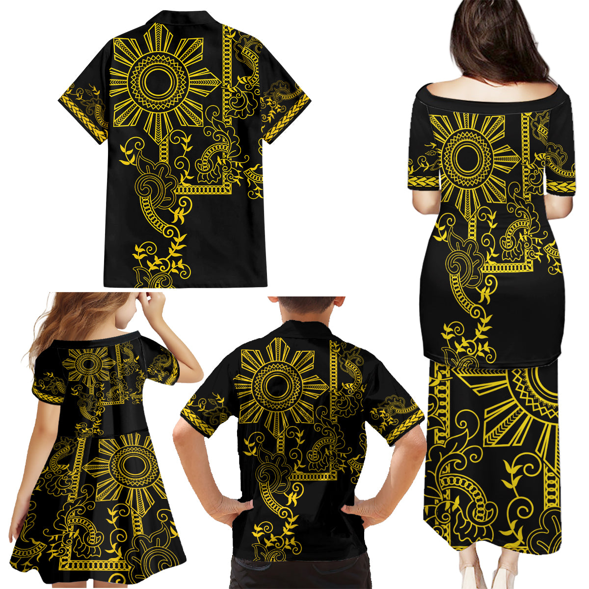 Filipino Sun Tribal Tattoo Family Matching Puletasi and Hawaiian Shirt Philippines Inspired Barong Simple Gold LT9 - Polynesian Pride