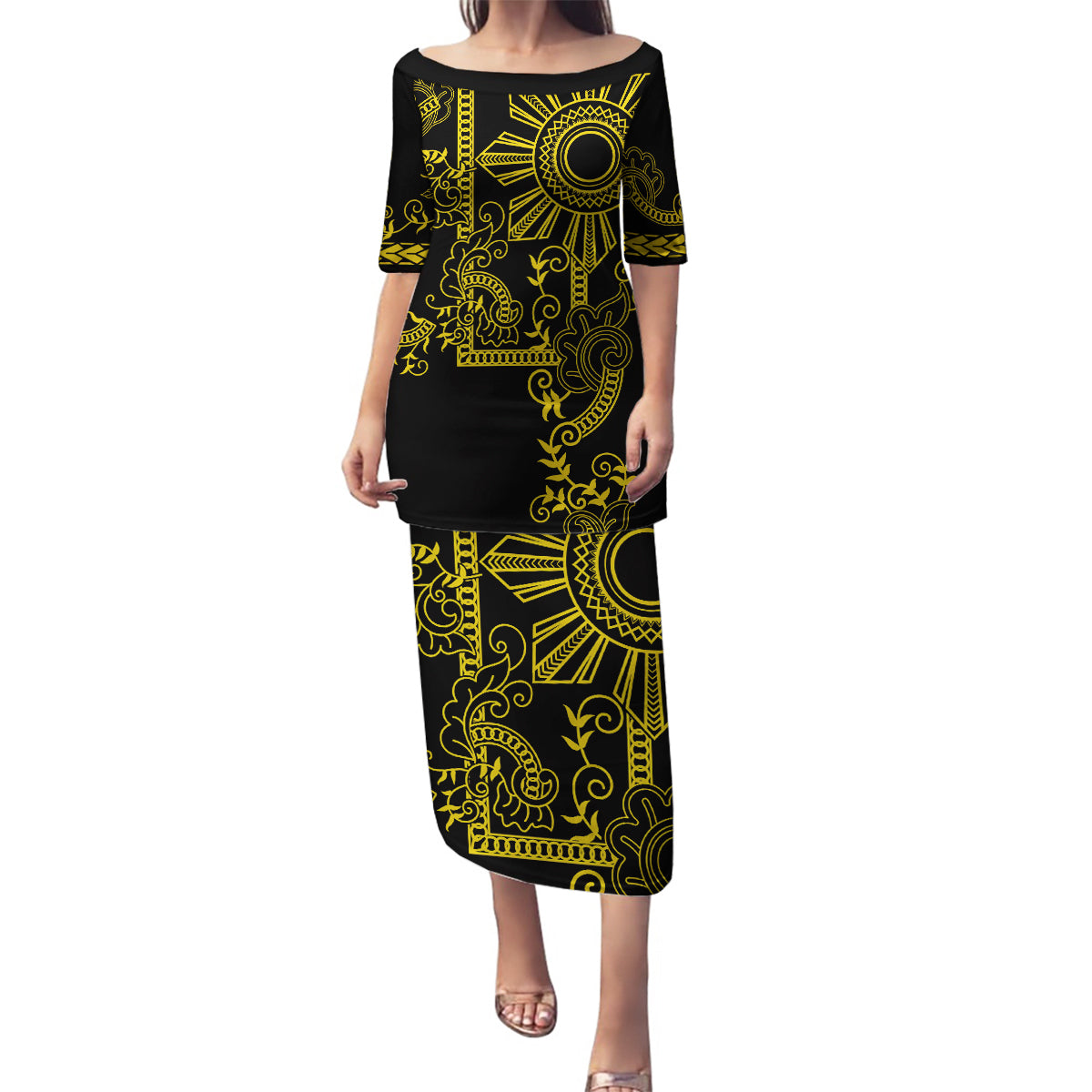 Filipino Sun Tribal Tattoo Family Matching Puletasi and Hawaiian Shirt Philippines Inspired Barong Simple Gold LT9 Mom's Dress Gold - Polynesian Pride