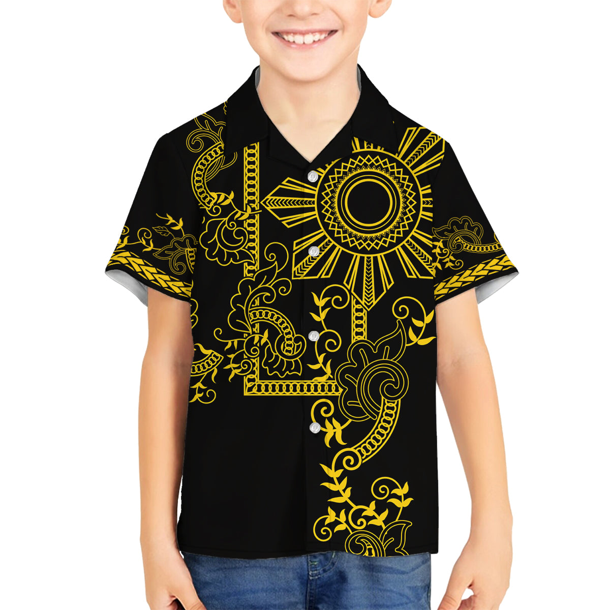 Filipino Sun Tribal Tattoo Family Matching Puletasi and Hawaiian Shirt Philippines Inspired Barong Simple Gold LT9 Son's Shirt Gold - Polynesian Pride