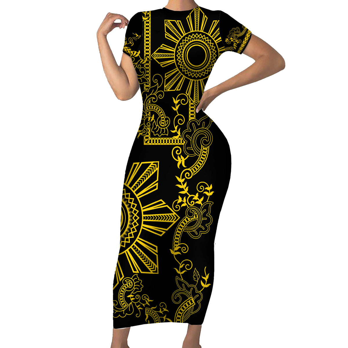 Filipino Sun Tribal Tattoo Family Matching Short Sleeve Bodycon Dress and Hawaiian Shirt Philippines Inspired Barong Simple Gold LT9 Mom's Dress Gold - Polynesian Pride