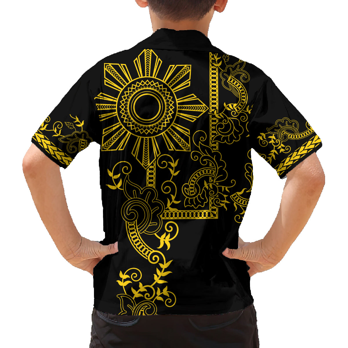 Filipino Sun Tribal Tattoo Family Matching Summer Maxi Dress and Hawaiian Shirt Philippines Inspired Barong Simple Gold LT9 - Polynesian Pride