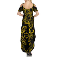 Filipino Sun Tribal Tattoo Family Matching Summer Maxi Dress and Hawaiian Shirt Philippines Inspired Barong Simple Gold LT9 - Polynesian Pride