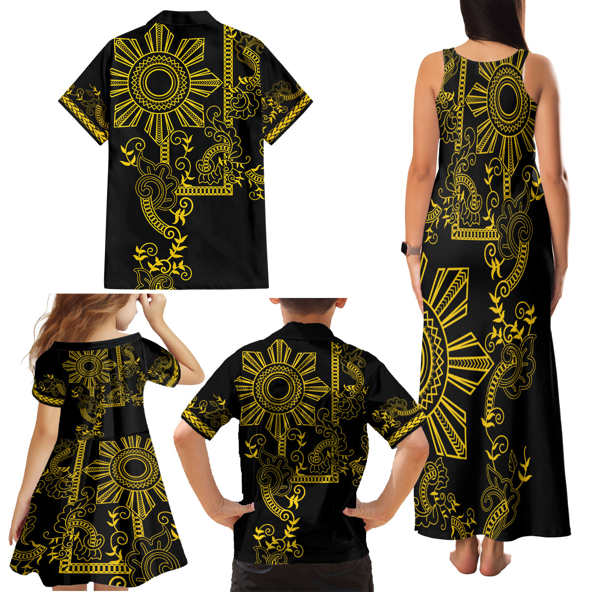 Filipino Sun Tribal Tattoo Family Matching Tank Maxi Dress and Hawaiian Shirt Philippines Inspired Barong Simple Gold LT9 - Polynesian Pride