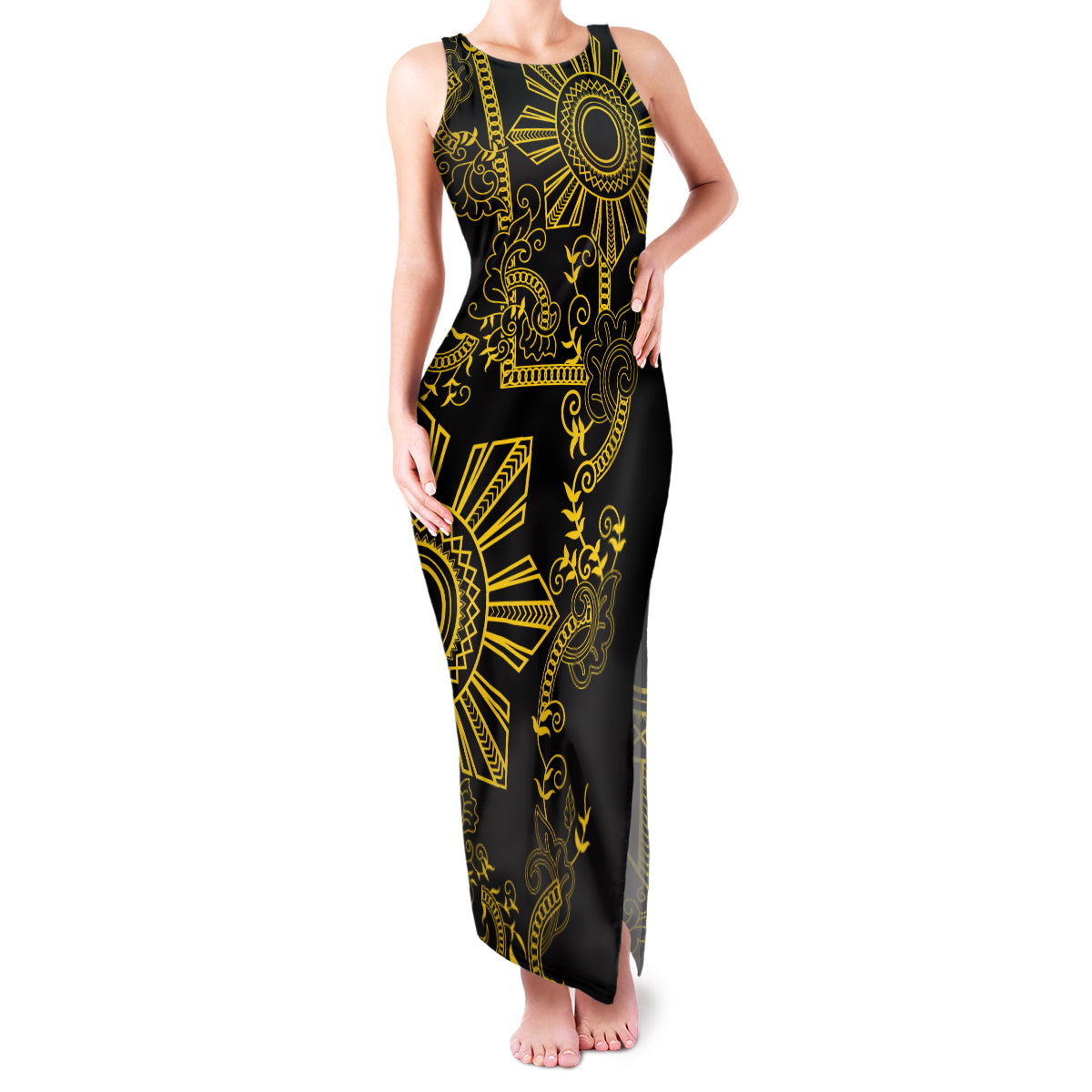 Filipino Sun Tribal Tattoo Family Matching Tank Maxi Dress and Hawaiian Shirt Philippines Inspired Barong Simple Gold LT9 Mom's Dress Gold - Polynesian Pride