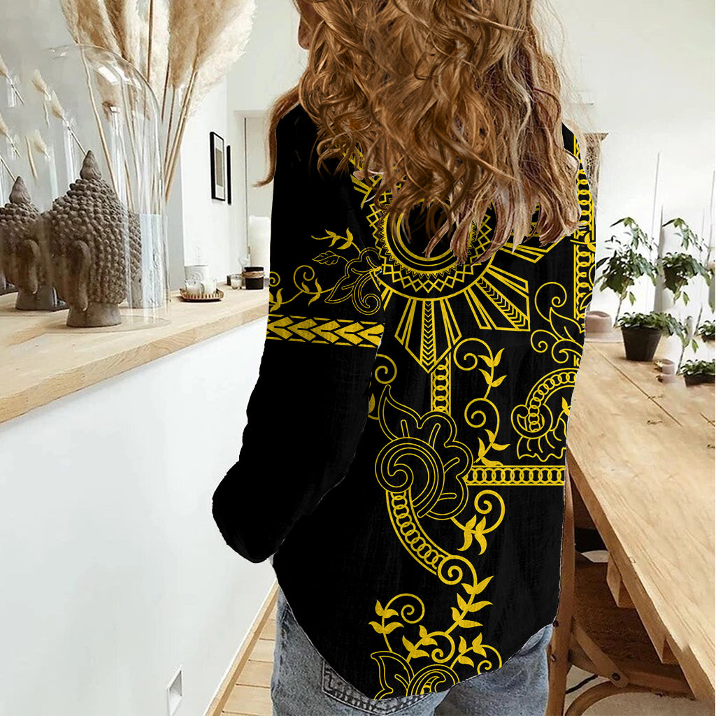 Filipino Sun Tribal Tattoo Women Casual Shirt Philippines Inspired Barong Simple Gold LT9 - Polynesian Pride