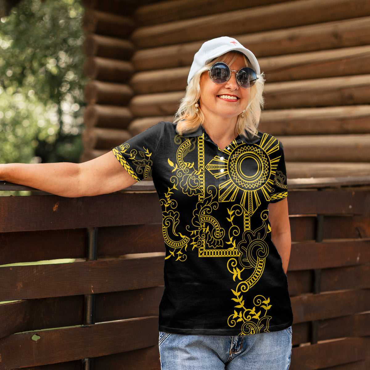 Filipino Sun Tribal Tattoo Women Polo Shirt Philippines Inspired Barong Simple Gold LT9 - Polynesian Pride