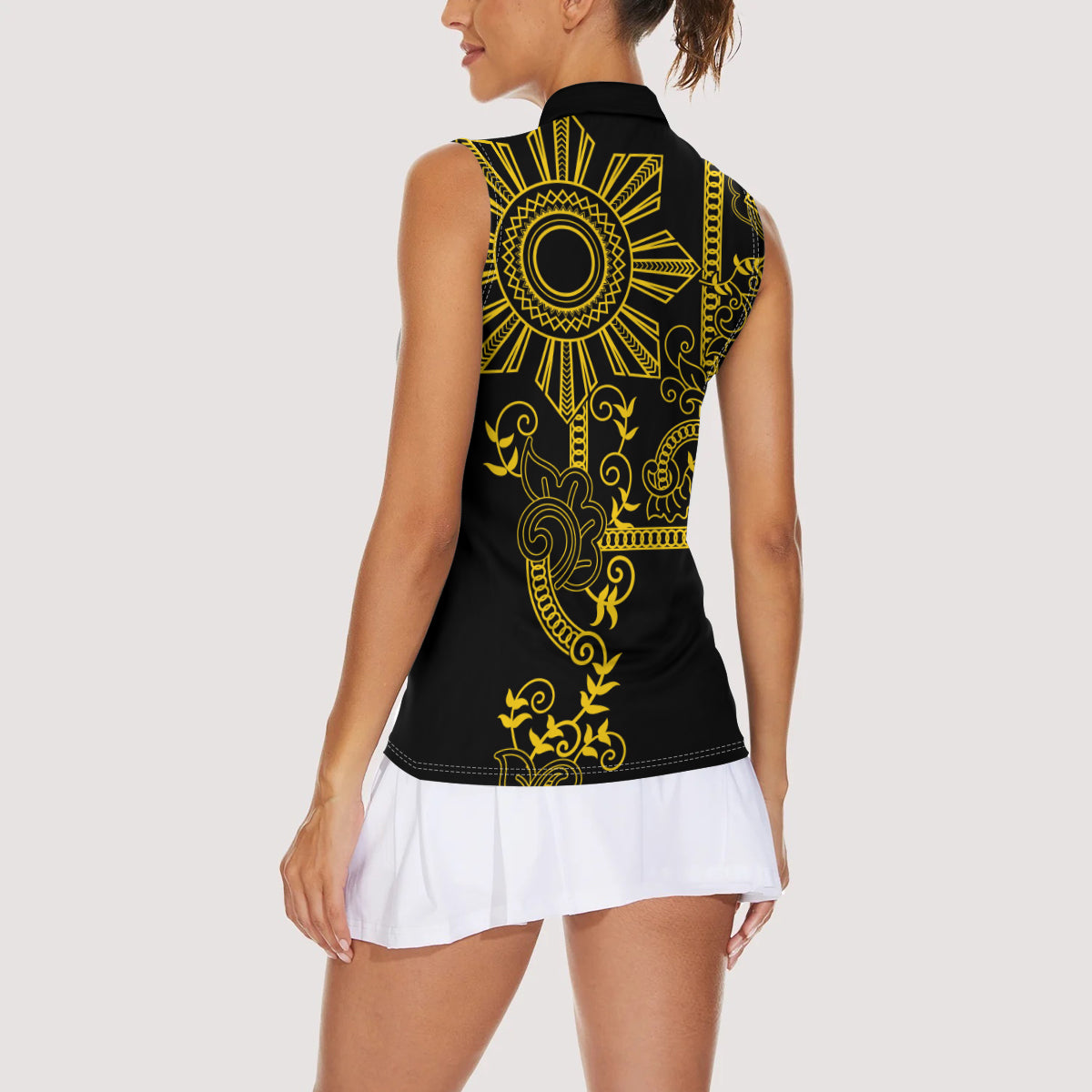 Filipino Sun Tribal Tattoo Women Sleeveless Polo Shirt Philippines Inspired Barong Simple Gold LT9 - Polynesian Pride