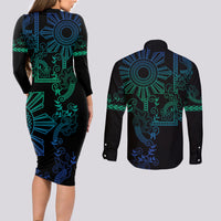 Filipino Sun Tribal Tattoo Couples Matching Long Sleeve Bodycon Dress and Long Sleeve Button Shirt Philippines Inspired Barong Blue Art LT9 - Polynesian Pride