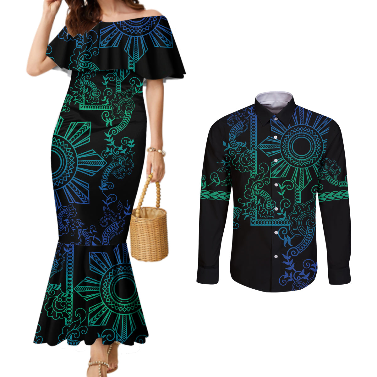 Filipino Sun Tribal Tattoo Couples Matching Mermaid Dress and Long Sleeve Button Shirt Philippines Inspired Barong Blue Art