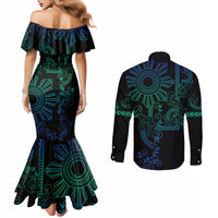 Filipino Sun Tribal Tattoo Couples Matching Mermaid Dress and Long Sleeve Button Shirt Philippines Inspired Barong Blue Art LT9 - Polynesian Pride