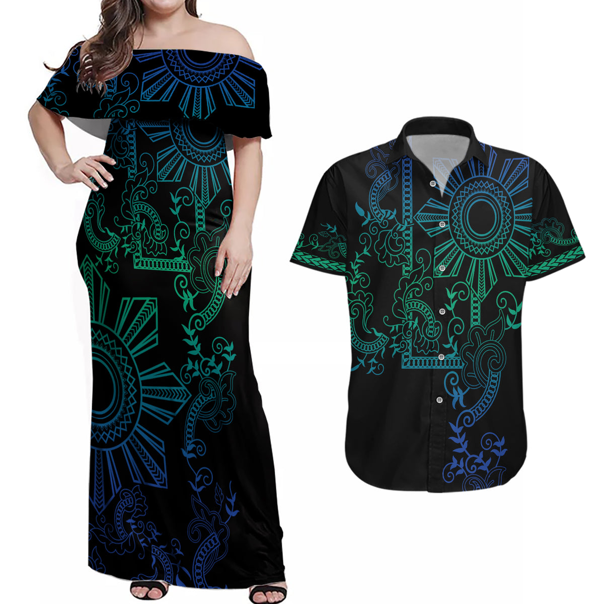 Filipino Sun Tribal Tattoo Couples Matching Off Shoulder Maxi Dress and Hawaiian Shirt Philippines Inspired Barong Blue Art LT9 Blue - Polynesian Pride