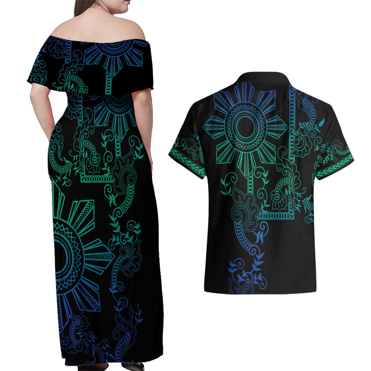 Filipino Sun Tribal Tattoo Couples Matching Off Shoulder Maxi Dress and Hawaiian Shirt Philippines Inspired Barong Blue Art LT9 - Polynesian Pride