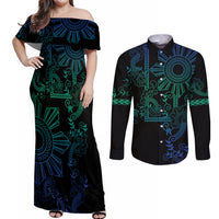 Filipino Sun Tribal Tattoo Couples Matching Off Shoulder Maxi Dress and Long Sleeve Button Shirt Philippines Inspired Barong Blue Art LT9 Blue - Polynesian Pride