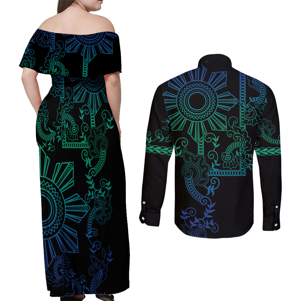 Filipino Sun Tribal Tattoo Couples Matching Off Shoulder Maxi Dress and Long Sleeve Button Shirt Philippines Inspired Barong Blue Art LT9 - Polynesian Pride