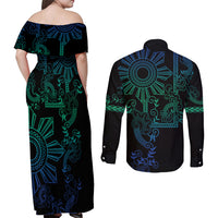 Filipino Sun Tribal Tattoo Couples Matching Off Shoulder Maxi Dress and Long Sleeve Button Shirt Philippines Inspired Barong Blue Art LT9 - Polynesian Pride
