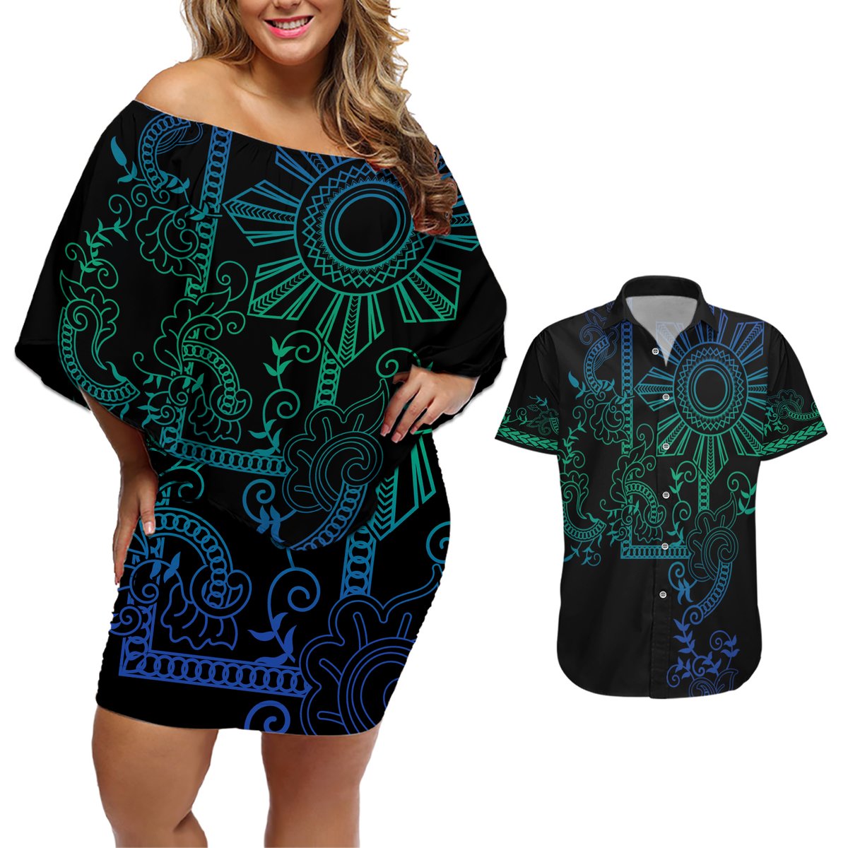 Filipino Sun Tribal Tattoo Couples Matching Off Shoulder Short Dress and Hawaiian Shirt Philippines Inspired Barong Blue Art LT9 Blue - Polynesian Pride