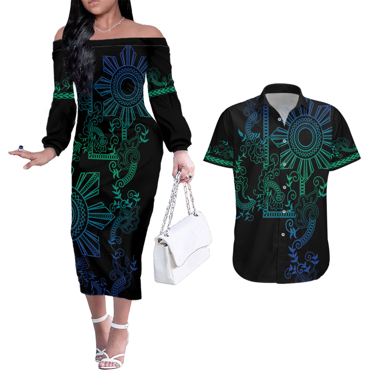 Filipino Sun Tribal Tattoo Couples Matching Off The Shoulder Long Sleeve Dress and Hawaiian Shirt Philippines Inspired Barong Blue Art LT9 Blue - Polynesian Pride