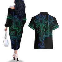 Filipino Sun Tribal Tattoo Couples Matching Off The Shoulder Long Sleeve Dress and Hawaiian Shirt Philippines Inspired Barong Blue Art LT9 - Polynesian Pride