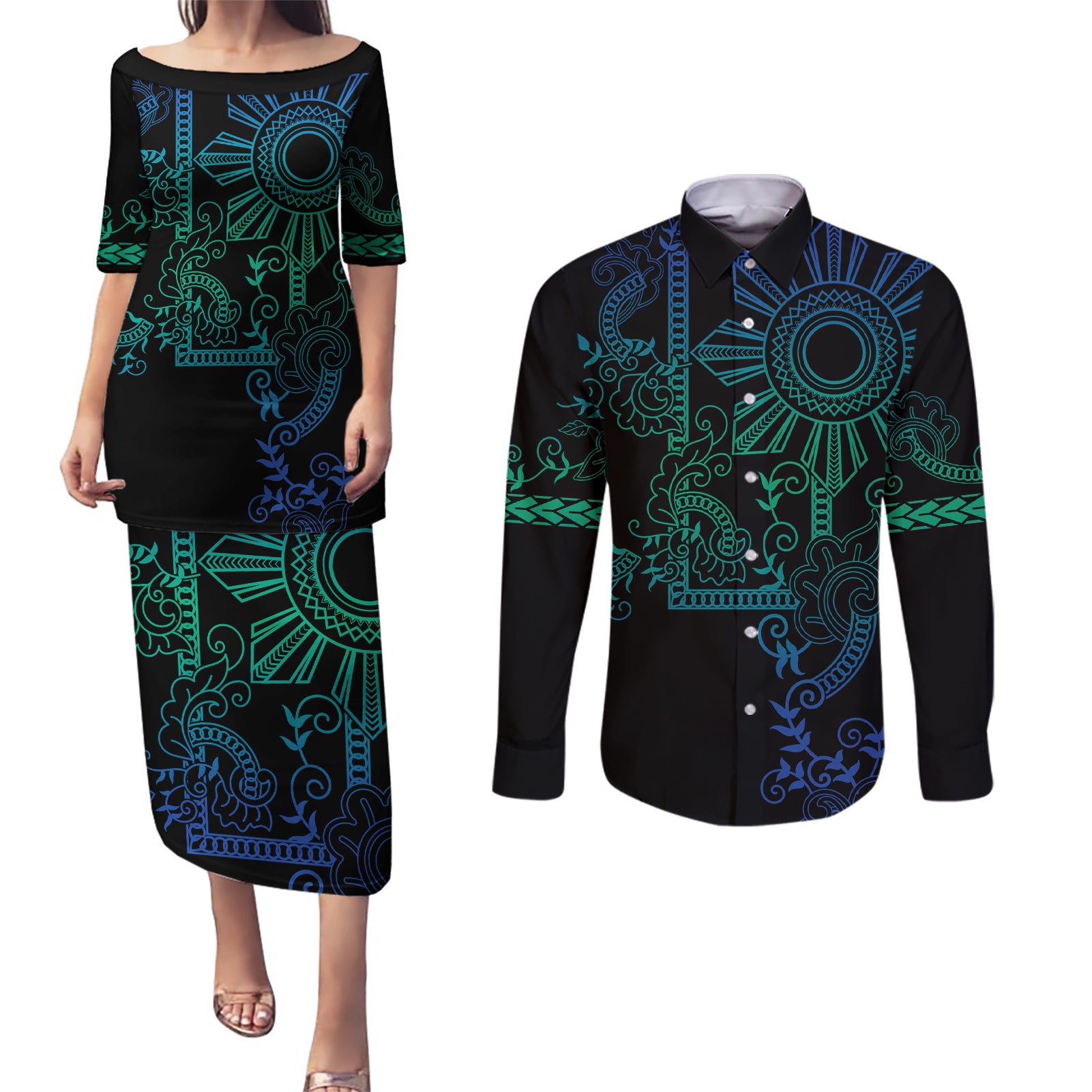 Filipino Sun Tribal Tattoo Couples Matching Puletasi and Long Sleeve Button Shirt Philippines Inspired Barong Blue Art